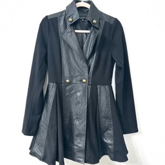 Double Zero Black Faux Leather Trimmed Military Style Coat Size S, Button Detail - Picture 1 of 4
